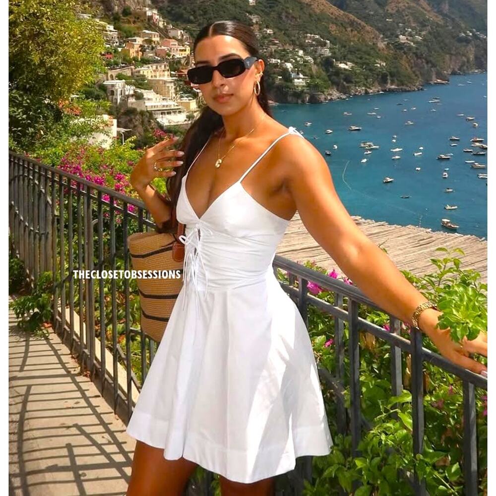 Zara NWT White Lace Up Cotton Mini Dress Sundress M L